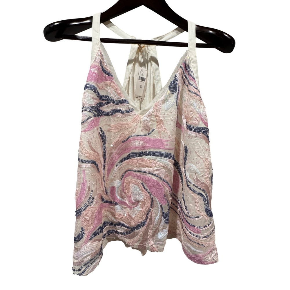 Tiny Anthropologie Sequin Tank Top XL White Pink Swirl NWT Racerback Boho $98